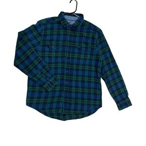 Men’s woolrich medium Green Blue Plaid Flannel Button Down Shirt Long Sleeve
